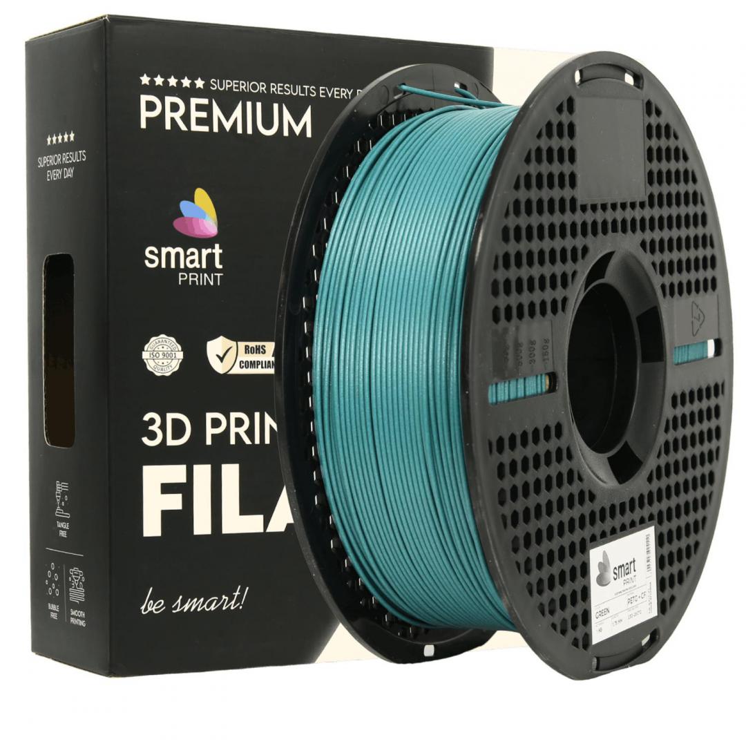 SMART PRINT 3D FILAMENT 1KG PETG+CF GREEN, continut de fibra de carbon, reztenta la deformare, rezistenta la caldura sporita, recomandare utilizare impreuna cu imprimanta cu incinta inchisa. Diametru: 1.75mm, Greutate: 1kg, Temperatura duza: 255C - 270C, Temperatura platforma printare: 80C - 90C.