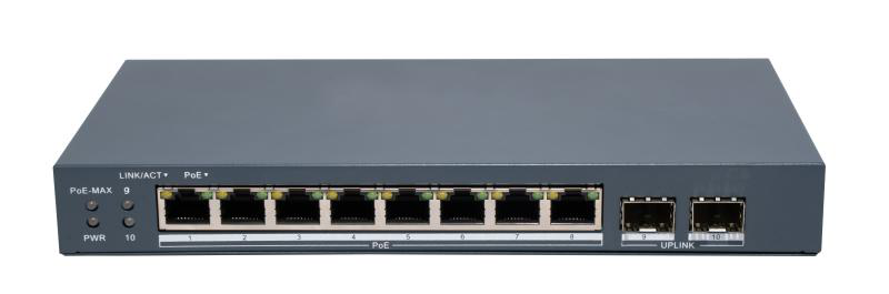 Switch PoE Hikvision DS-3E1510P-EI/M-8P2F: 8 × Gigabit PoE port,2 × Gigabit Fiber Optical port, 8 porturi PoE maxim 30W, buget PoE 80W, tensiune alimentare 54VDC, 1.6A, dimensiuni: 217.6 mm × 27.6 mm × 108.5 mm, greutate: 1.08kg, montare pe birou sau pe perete.