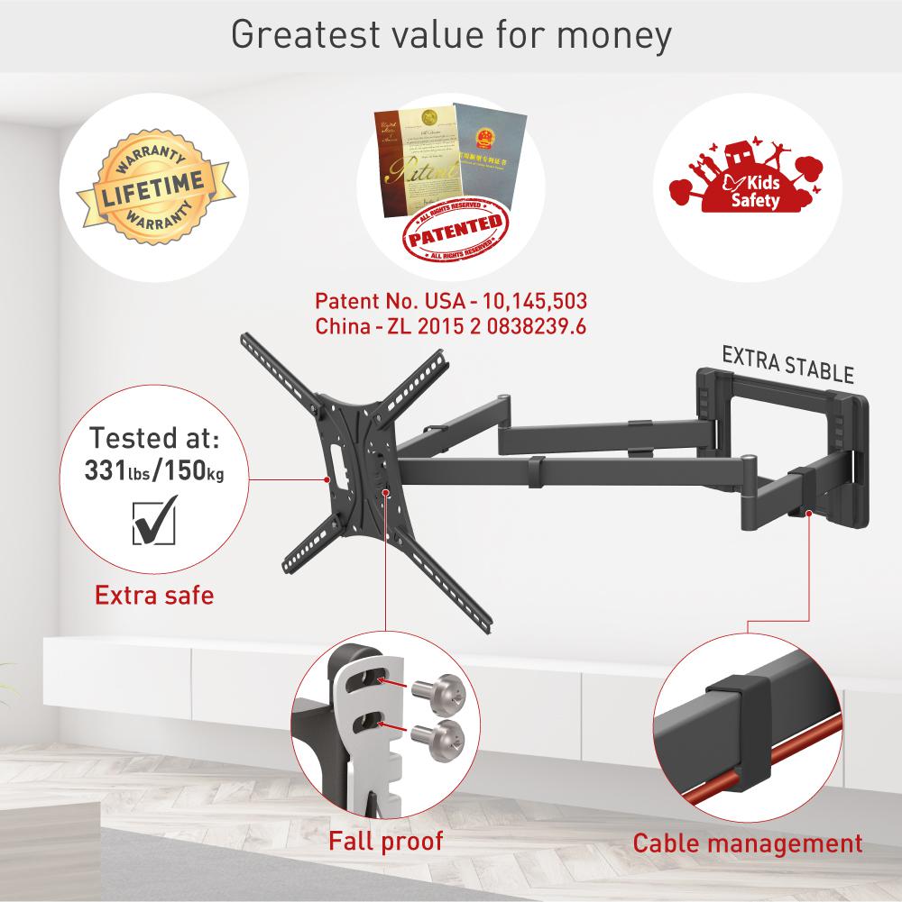 Suport TV plat/curbat de perete cu 2 brate Barkan BM464XL, 13″- 83″, Max 50kg, VESA 600×400, negru - Suporturi TV / Monitor