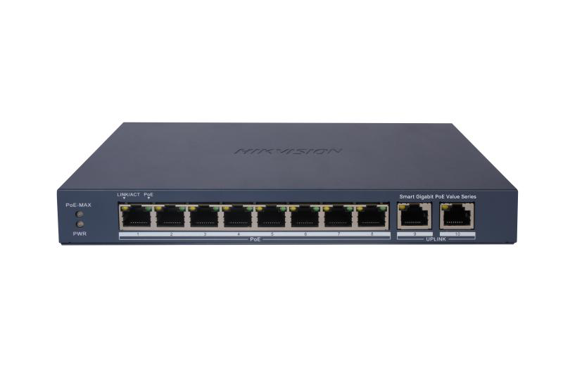 Switch 8 porturi Gigabit, Hikvision DS-3E1510P-EI/M, 8 × gigabit PoE ports, and 2 × Gigabit RJ45, IEEE 802.3af,IEEE 802.3at,  MAC address table: 4 K, PoE power budget 60W (Max. port power 30W), material metal, dimensiuni: 217.6 mm × 27.6 mm × 108.5 mm, greutate: 1.08 kg