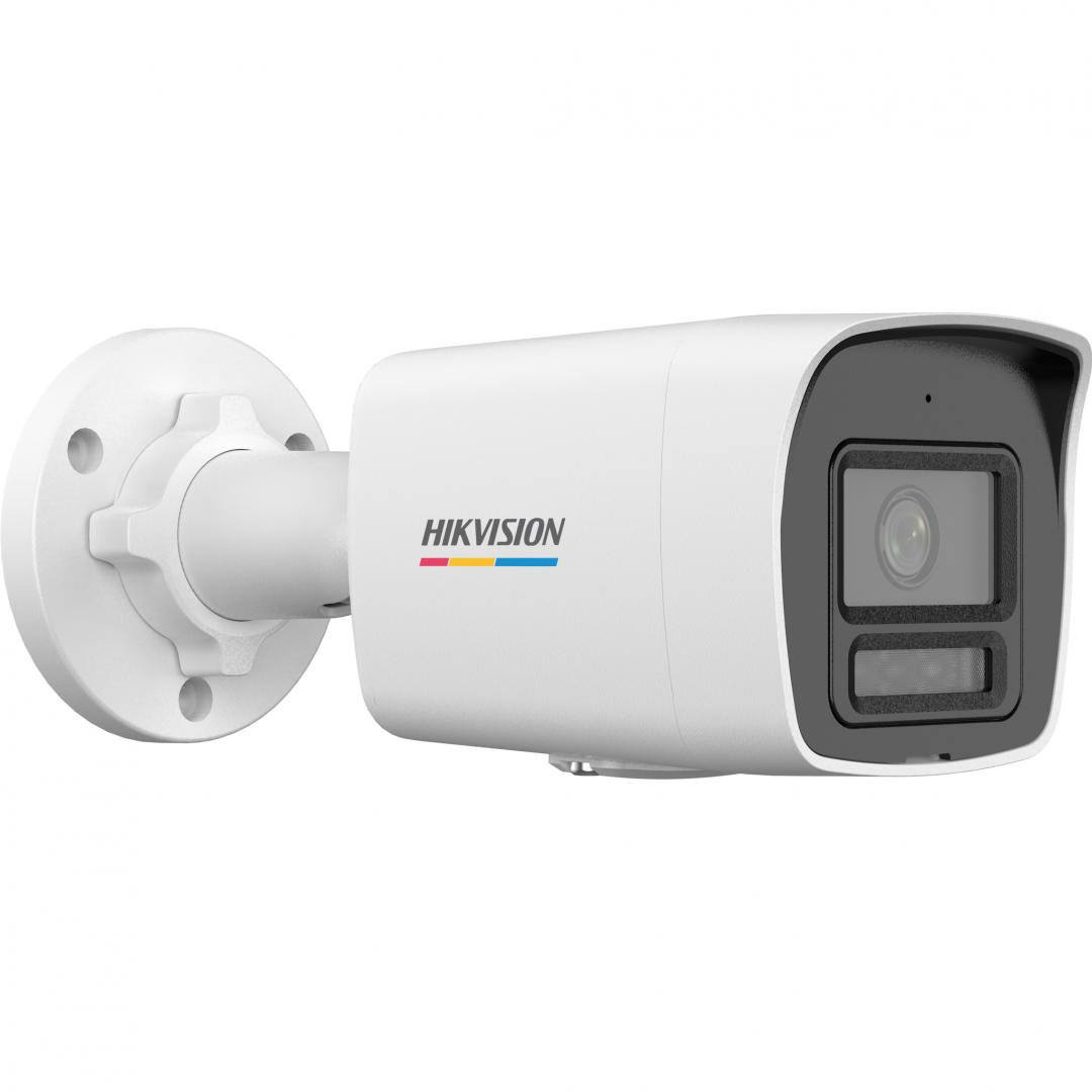 Cameră de supraveghere Hikvision IP Bullet 2 MP; Senzor: 1/2.8" Progressive Scan CMOS, lentilă fixă: 2.8 mm (unghi de vizualizare: 106°), tehnologie WDR: 120 dB WDR, ieșiri video: 1 RJ45 10M/100M, iluminator nocturn: Smart Hybrid Light (IR/Lumină Albă) până la 30m, microfon încorporat: da, detecție