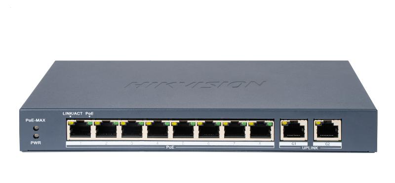 Switch PoE Hikvision DS-3E0310P-E/M(B): 8 × 10/100 Mbps PoE port, and 2 × Gigabit RJ45 port, PoE standard: IEEE 802.3af;IEEE 802.3at, 8 porturi PoE maxim 30W, buget PoE 80W, tensiune alimentare: 54VDC, 1.2A, dimensiuni: 217.60 mm × 27.60 mm × 108.50 mm, greutate: 0.555kg, montare pe birou sau pe
